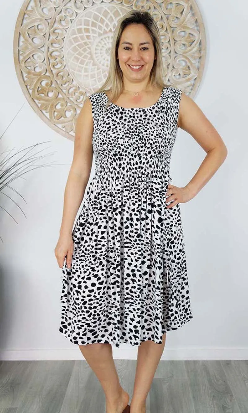 Rayon Dress Singlet Smock Spotty White/Black