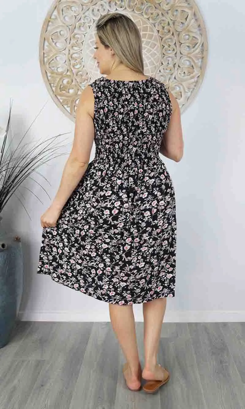 Rayon Dress Singlet Smock Springflower Black