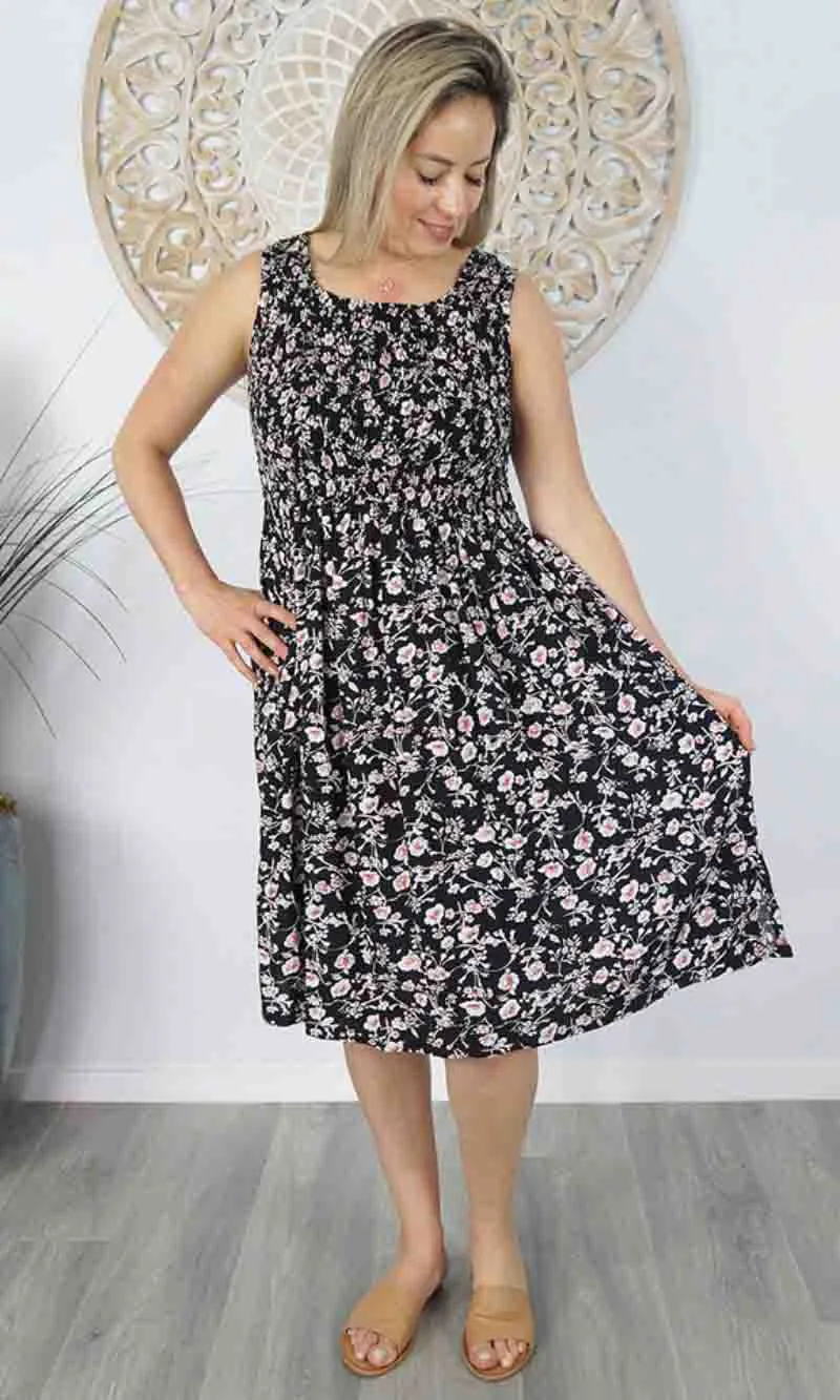 Rayon Dress Singlet Smock Springflower Black