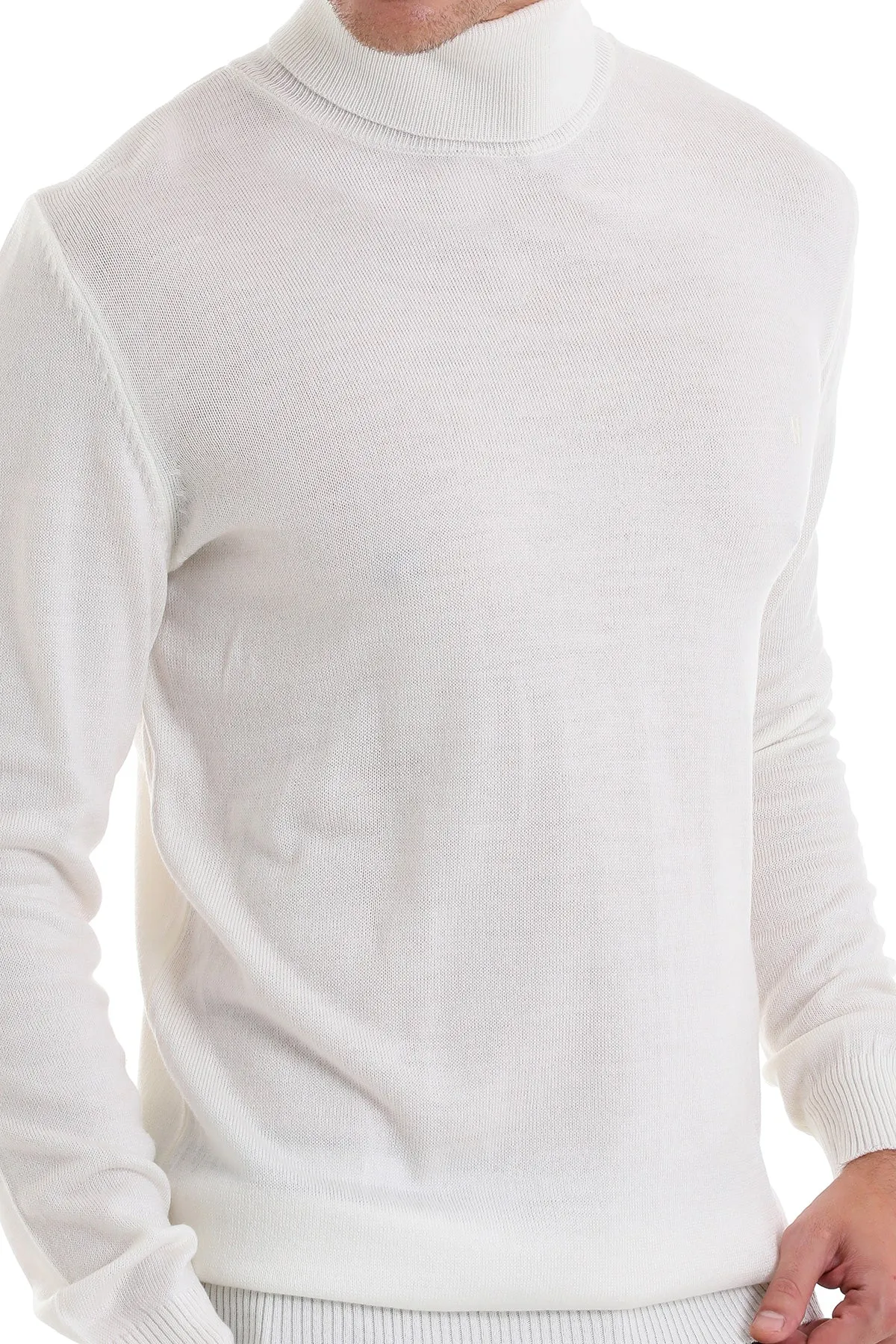 Regular Fit Basic Plain Ecru Turtleneck Sweater