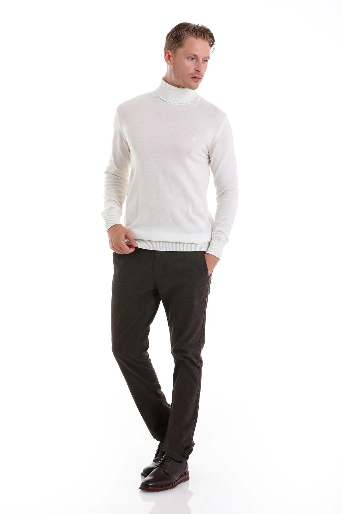 Regular Fit Basic Plain Ecru Turtleneck Sweater