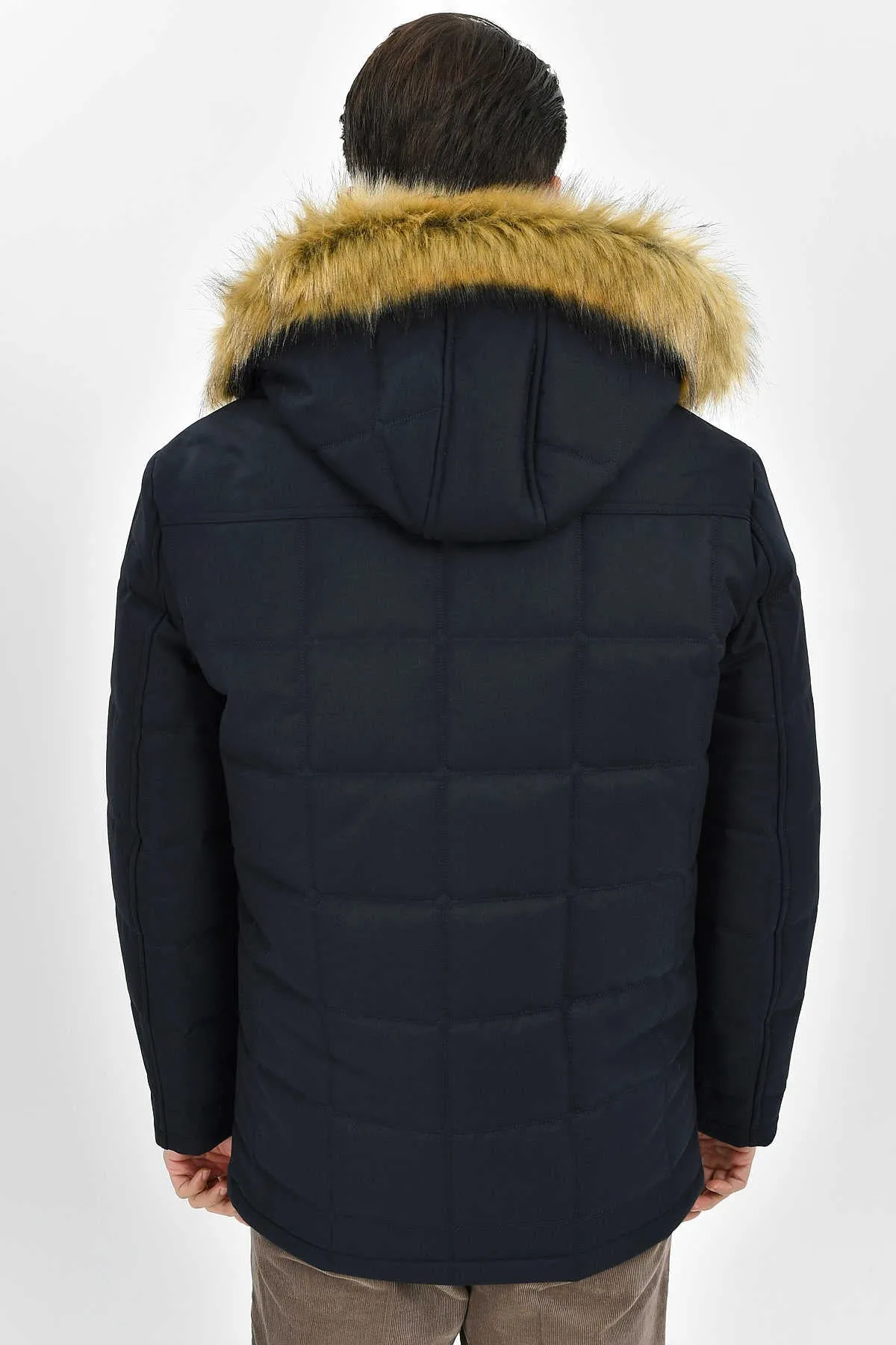 Regular Fit Faux Fur Hooded Navy Coat