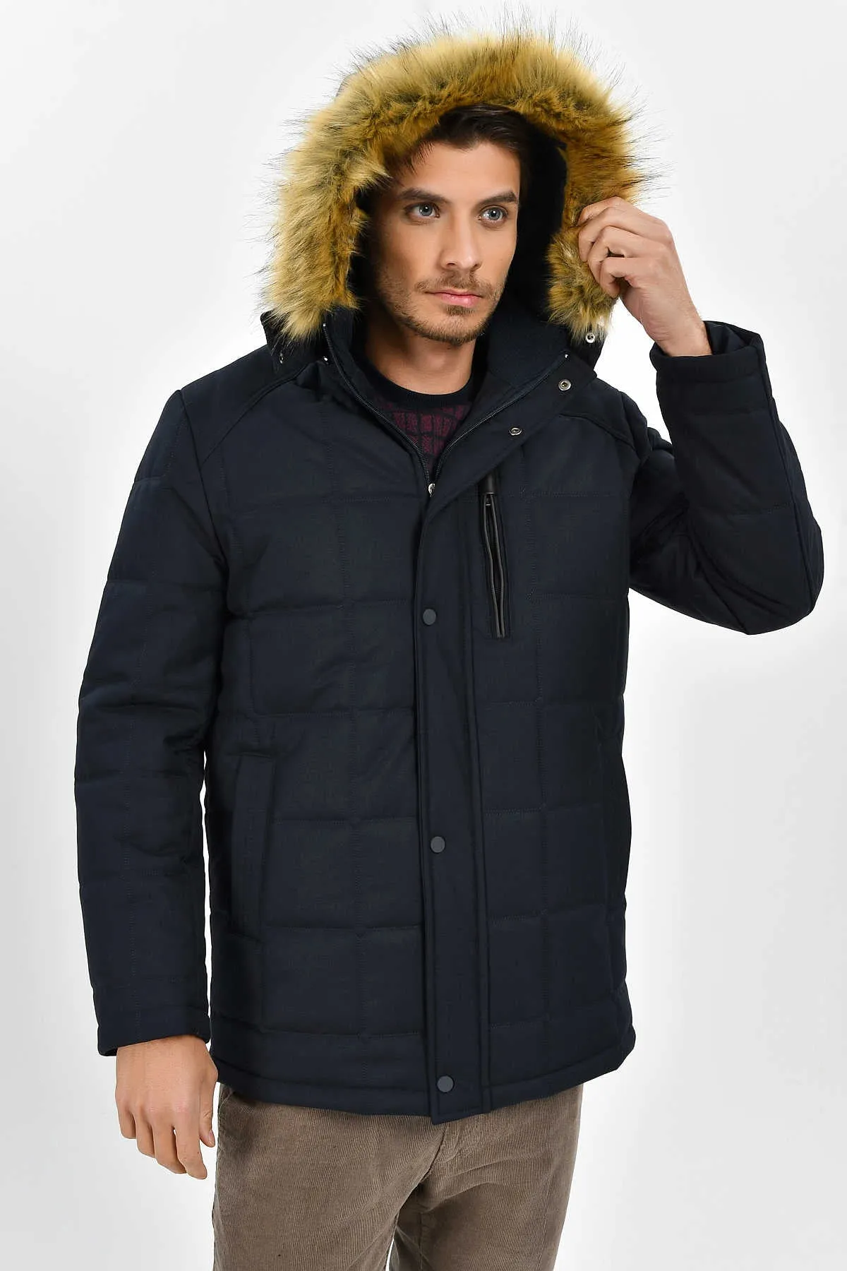 Regular Fit Faux Fur Hooded Navy Coat