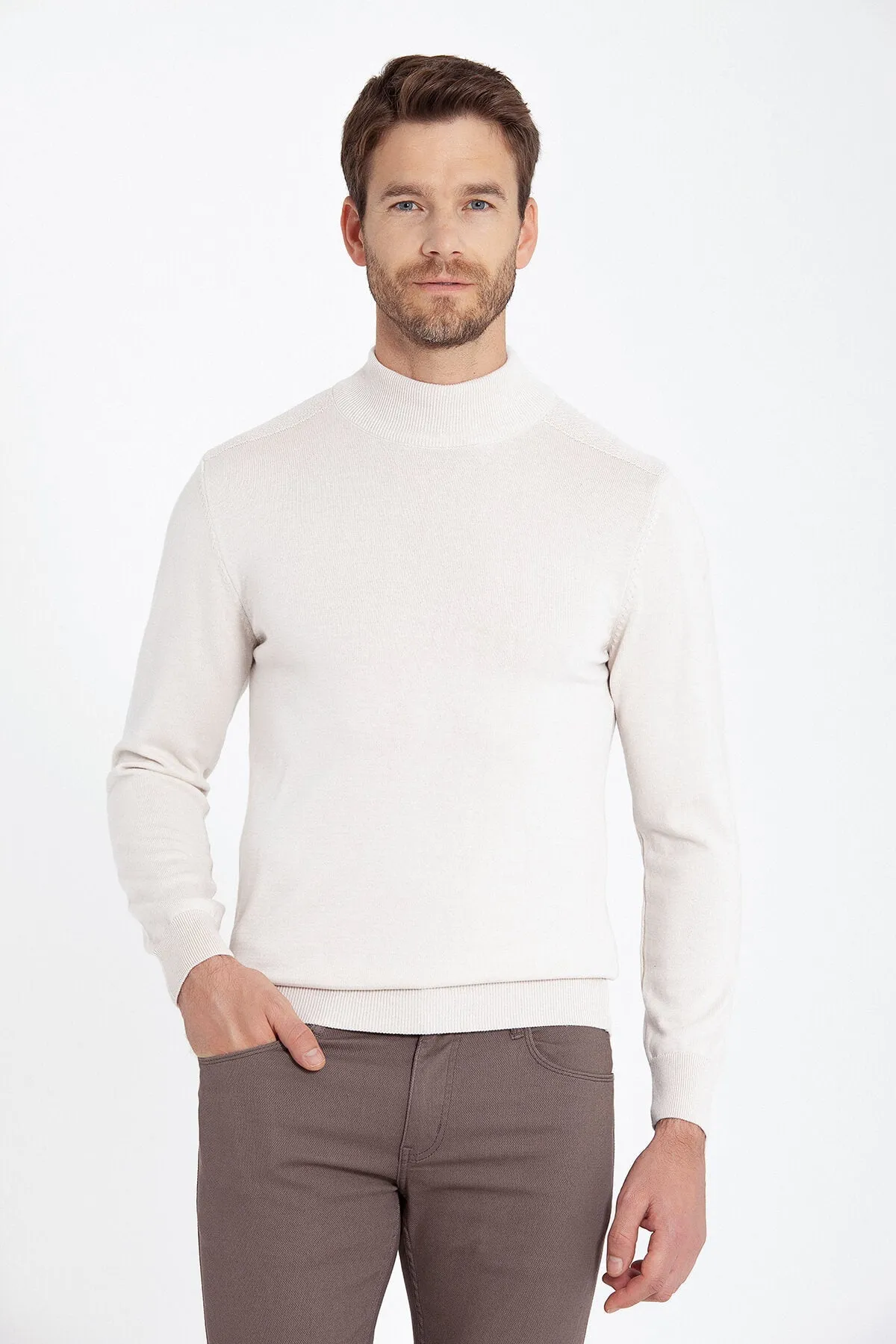 Regular Fit Stone Cotton Blend Mock Neck Sweater