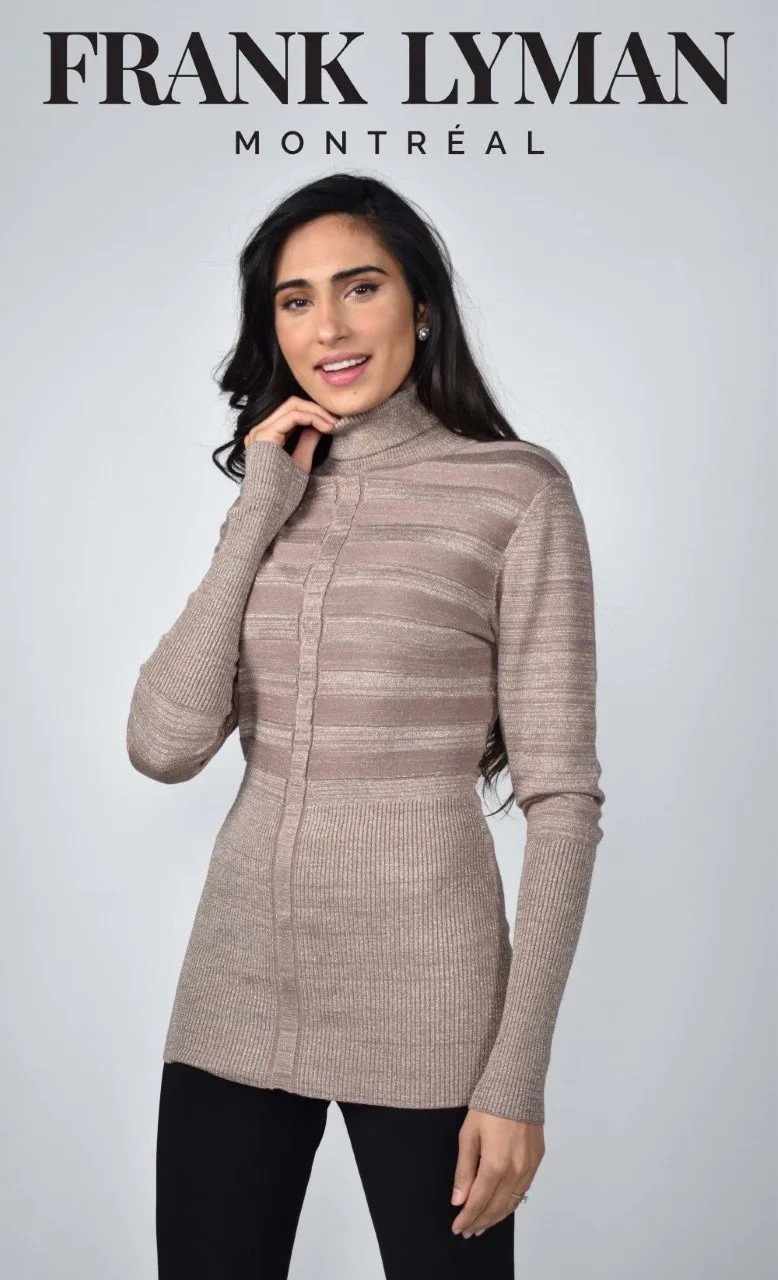 RIBBED METALLIC KNIT TAUPE TURTLENECK SWEATER