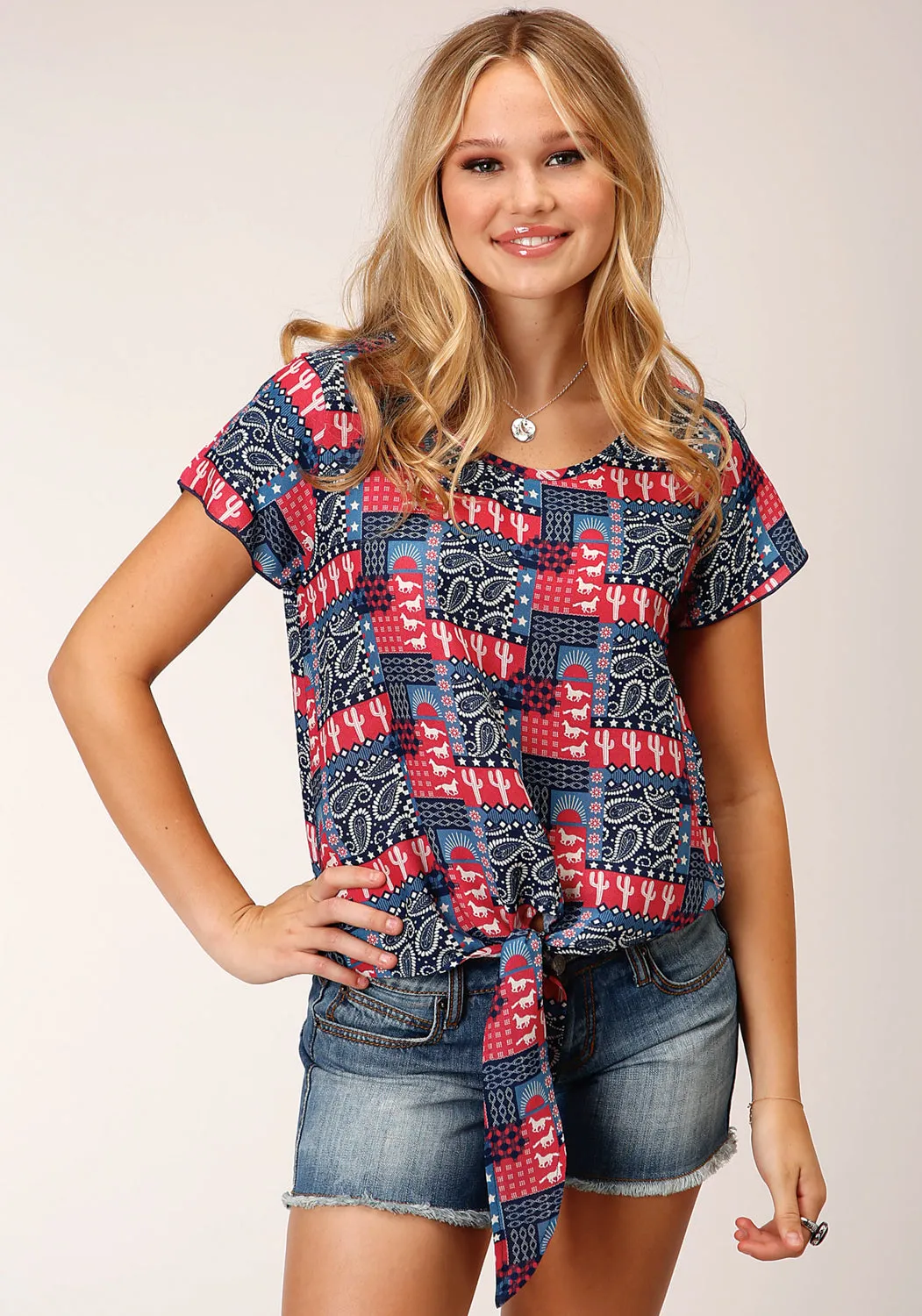 Roper Womens Bandana Print Red 100% Rayon S/S Blouse