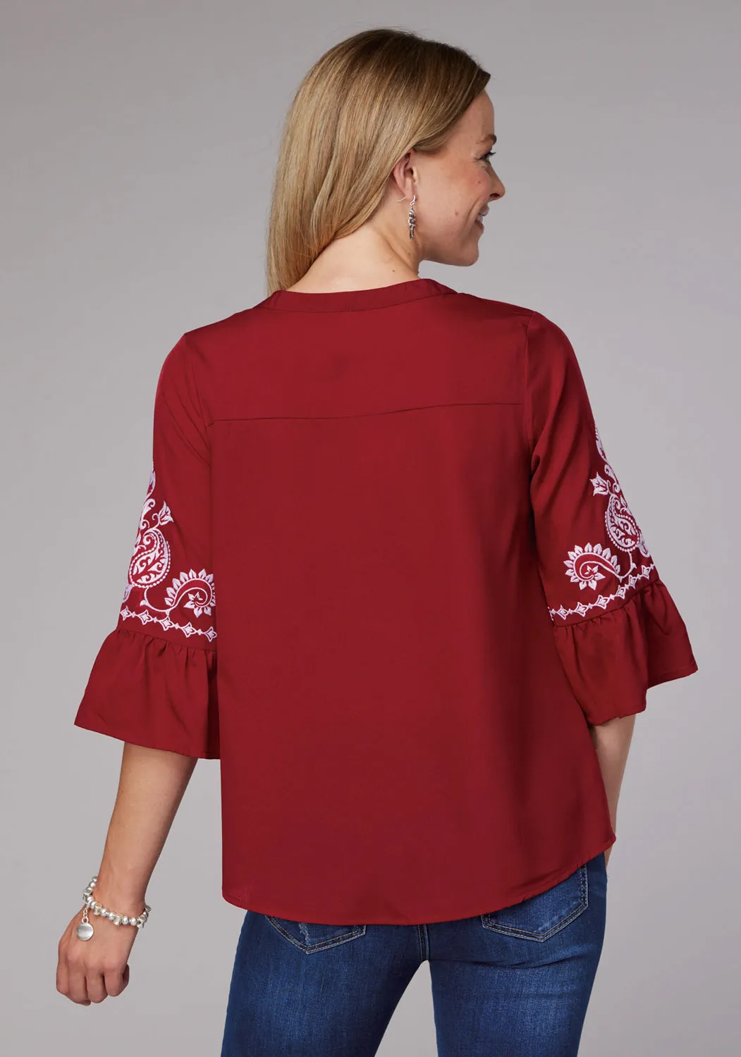 Roper Womens Bell Sleeve Pullover Red 100% Polyester S/S Blouse