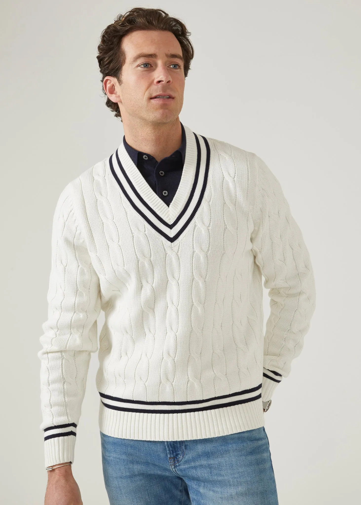 Sandridge Cable Knit Cricket Jumper In Ecru & Dark Navy