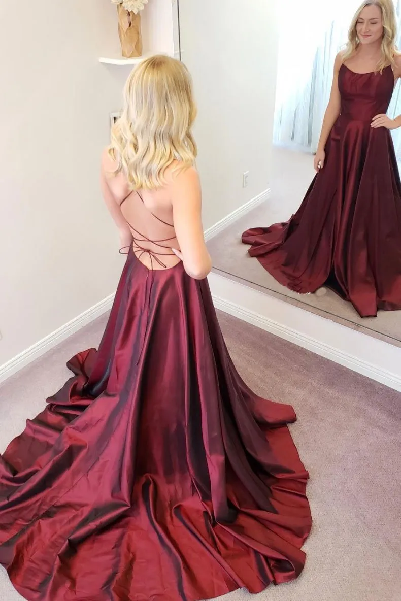 Simple burgundy satin long prom dress burgundy formal dress