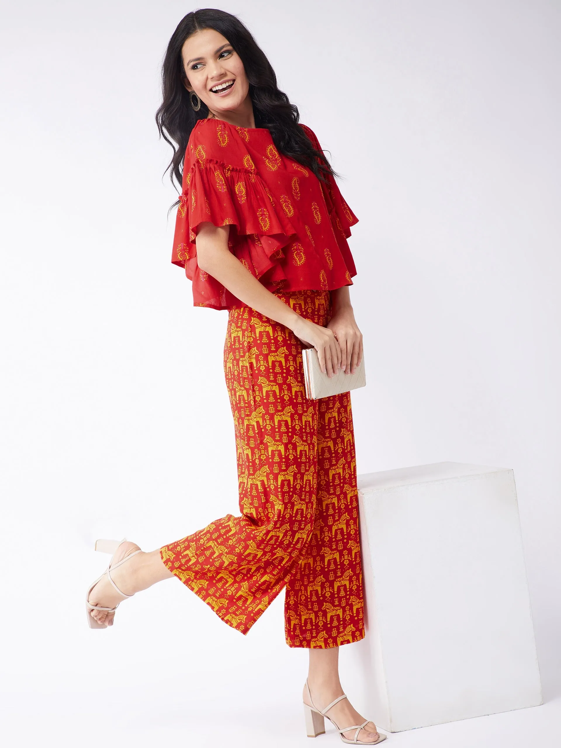 Sindoor Digital Printed Top With Extended Flared Sleeves And Printed Pants