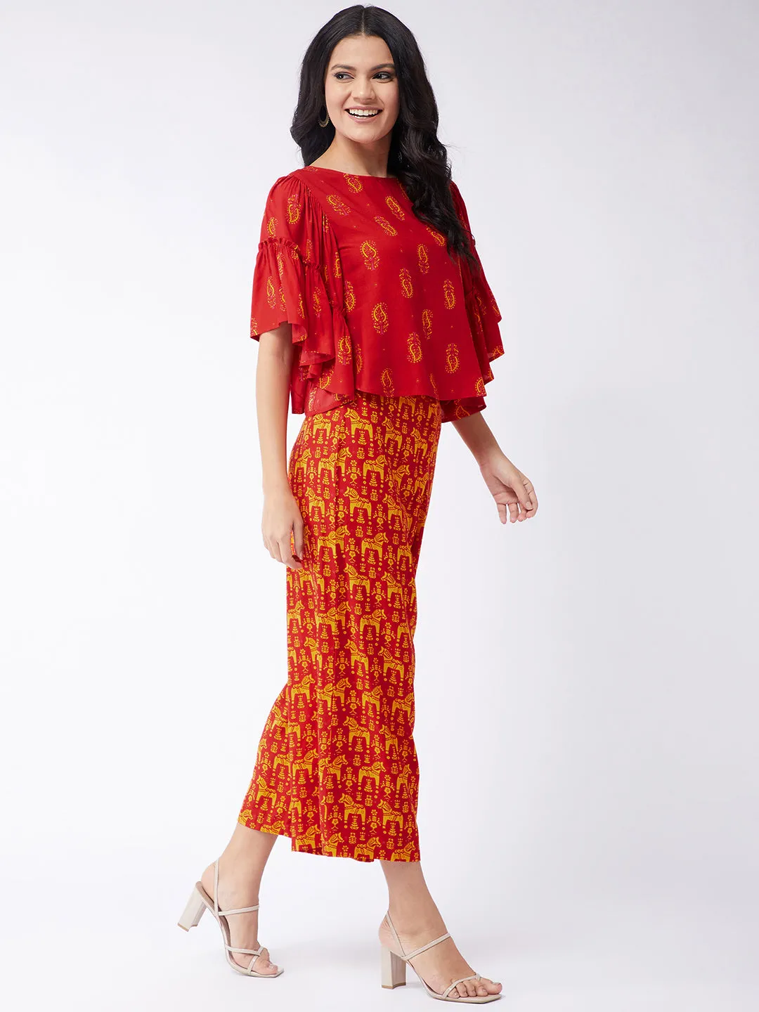 Sindoor Digital Printed Top With Extended Flared Sleeves And Printed Pants