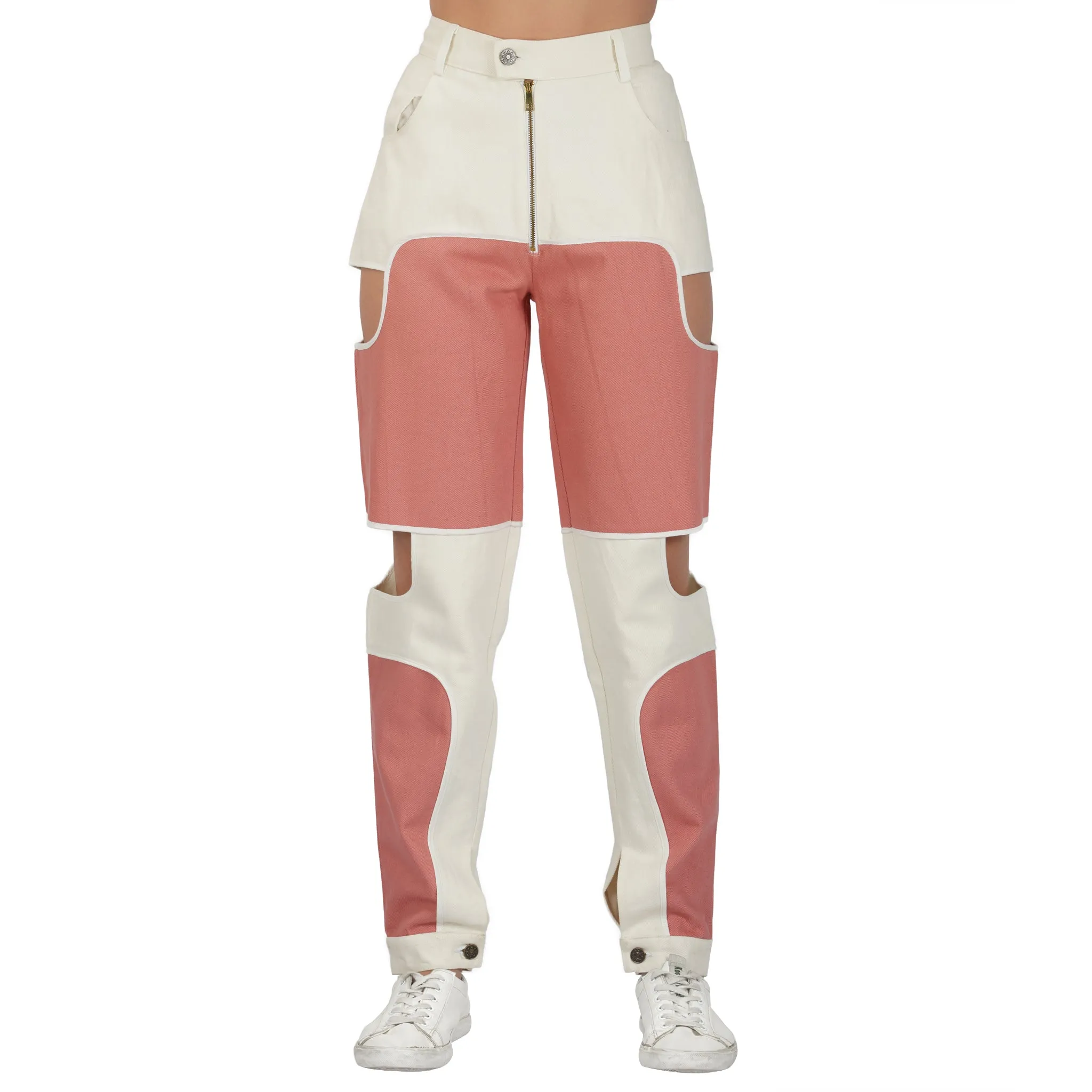 SLAY. Women's Pink & White Colorblock Denim Jeans & Crop top Co-ord Set