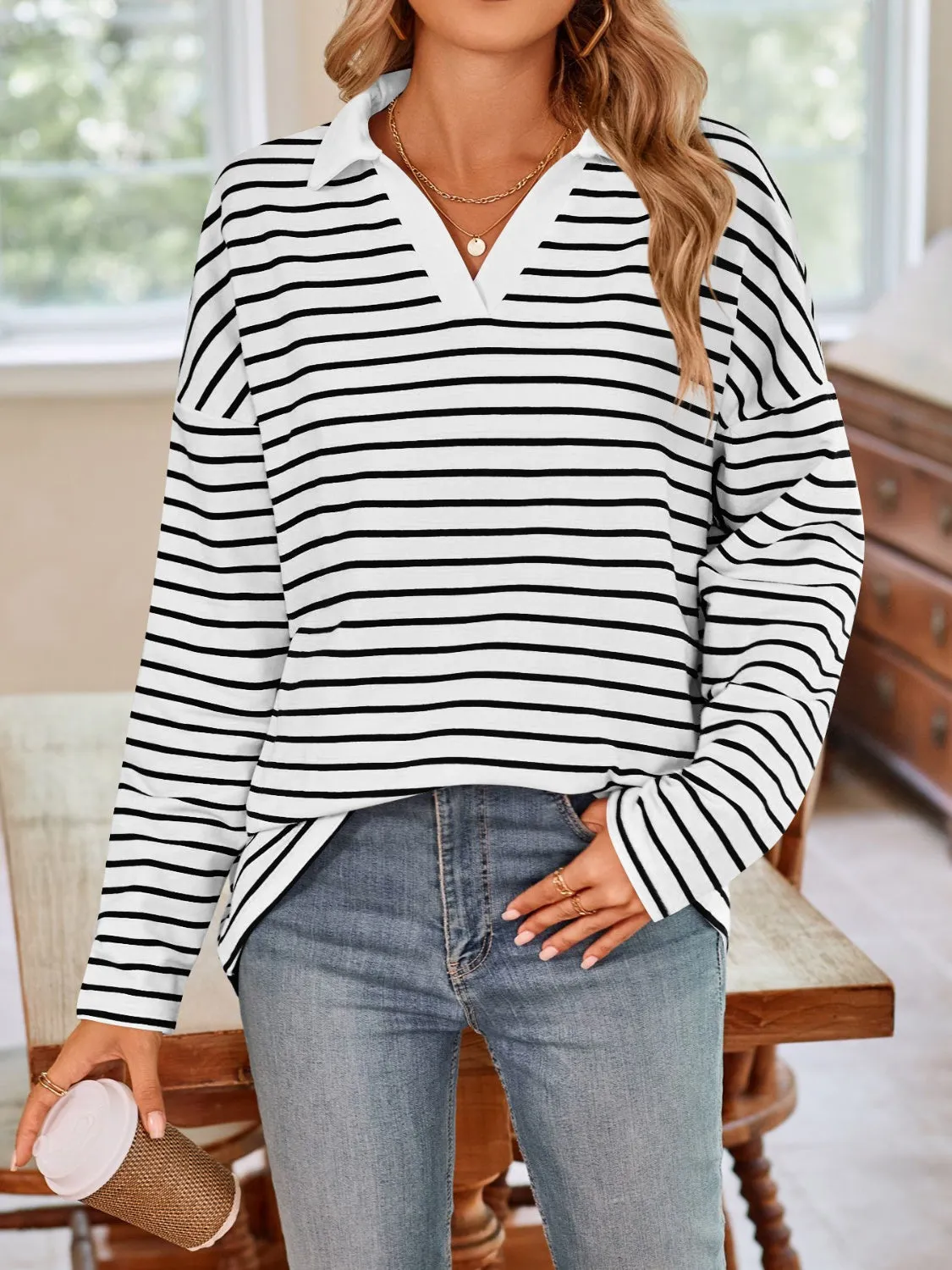 Striped Johnny Collar Long Sleeve T-Shirt