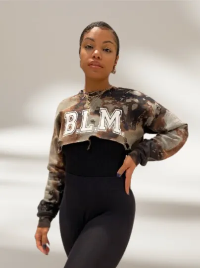 Support a Cause! Bold B.L.M. (Black Lives Matter) Handmade Bleached Crew Neck or Off Shoulder Super Crop Sweater