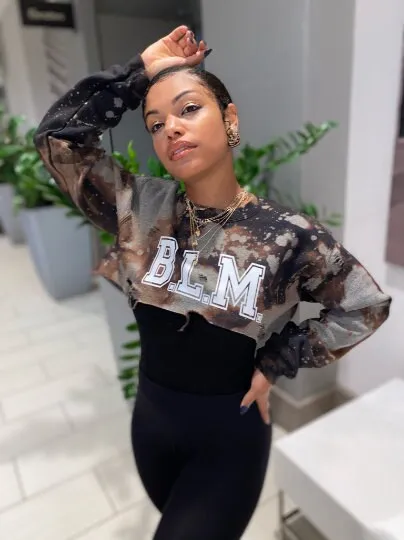 Support a Cause! Bold B.L.M. (Black Lives Matter) Handmade Bleached Crew Neck or Off Shoulder Super Crop Sweater