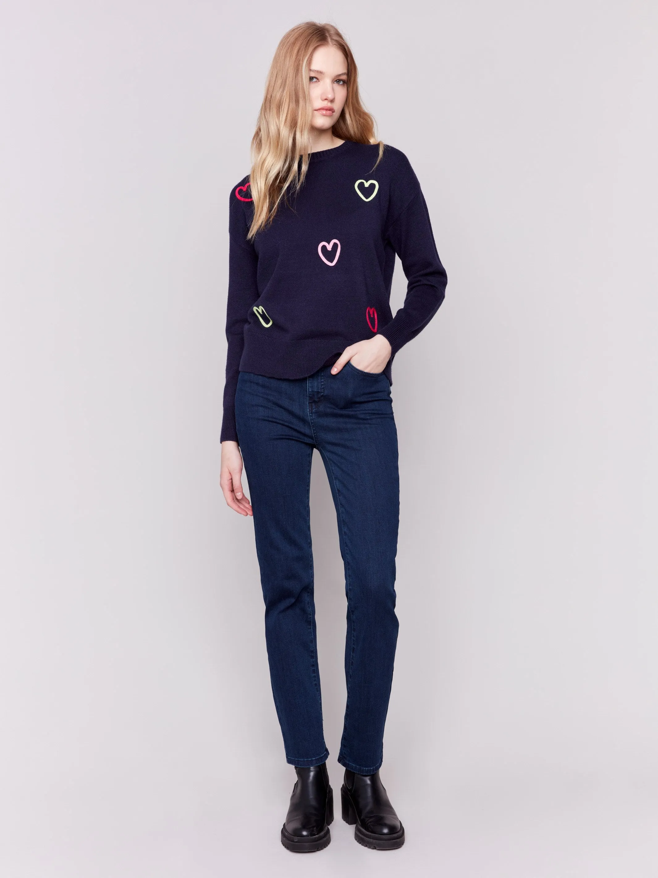 Sweater with Embroidered Hearts - Navy