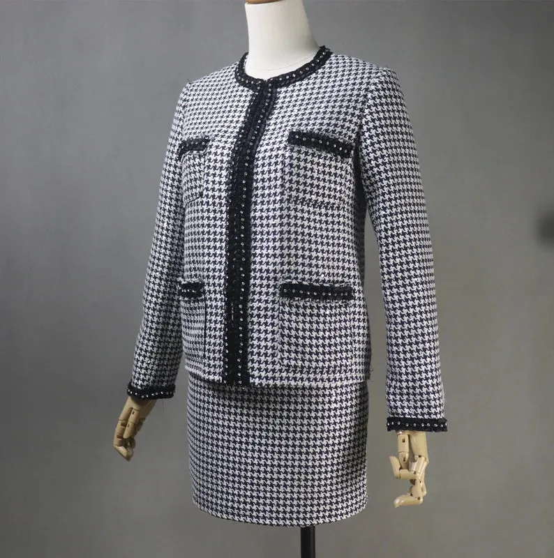 Tailor Made Houndstooth Check Pattern Jewellery Trim Tweed Jacket Coat Blazer   Shorts/Skirts/Trousers