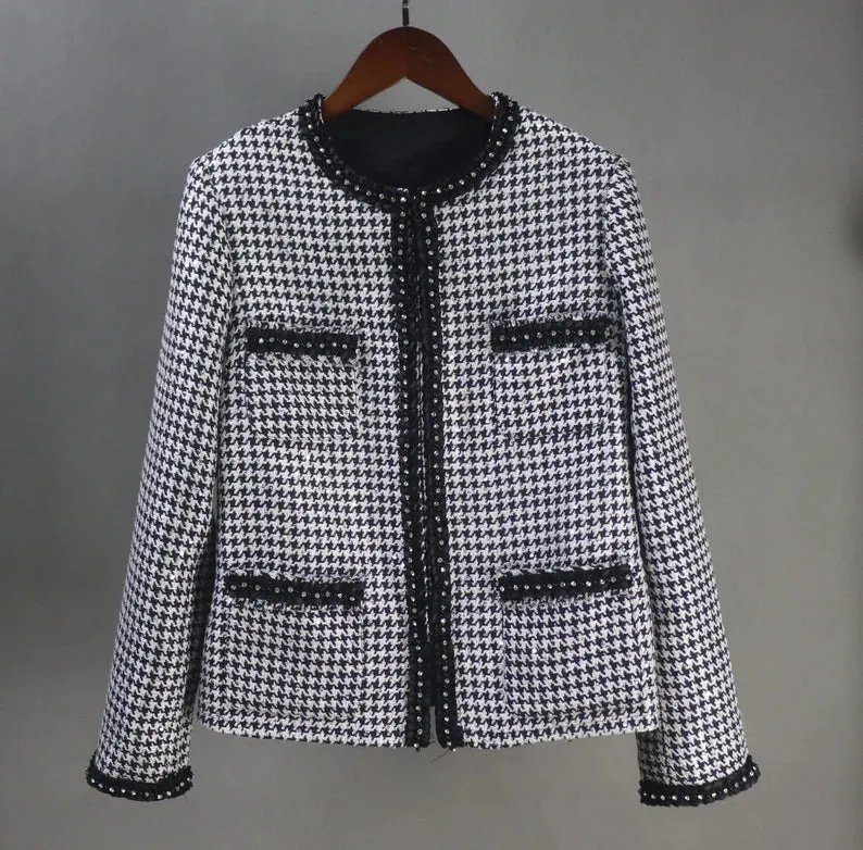 Tailor Made Houndstooth Check Pattern Jewellery Trim Tweed Jacket Coat Blazer   Shorts/Skirts/Trousers