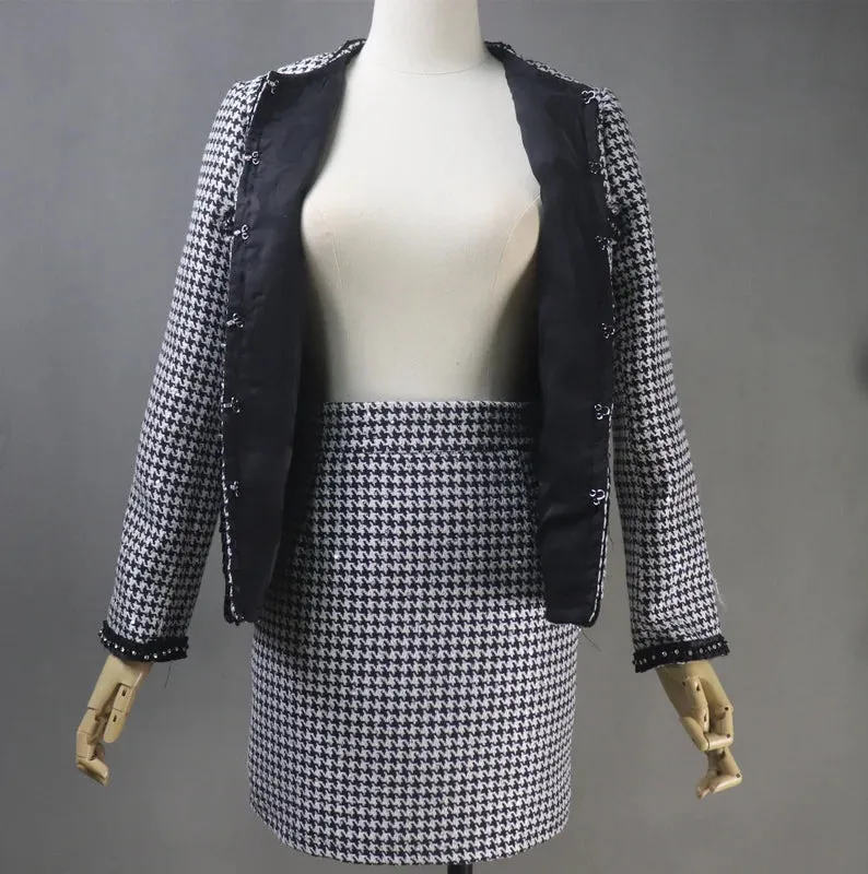 Tailor Made Houndstooth Check Pattern Jewellery Trim Tweed Jacket Coat Blazer   Shorts/Skirts/Trousers