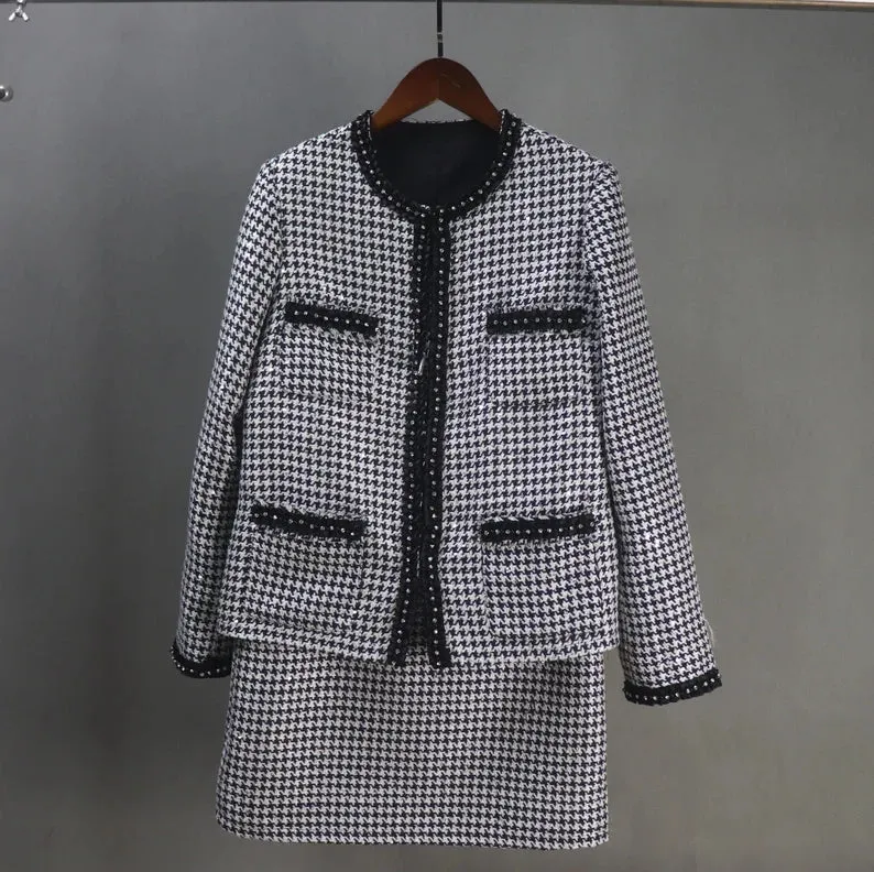 Tailor Made Houndstooth Check Pattern Jewellery Trim Tweed Jacket Coat Blazer   Shorts/Skirts/Trousers