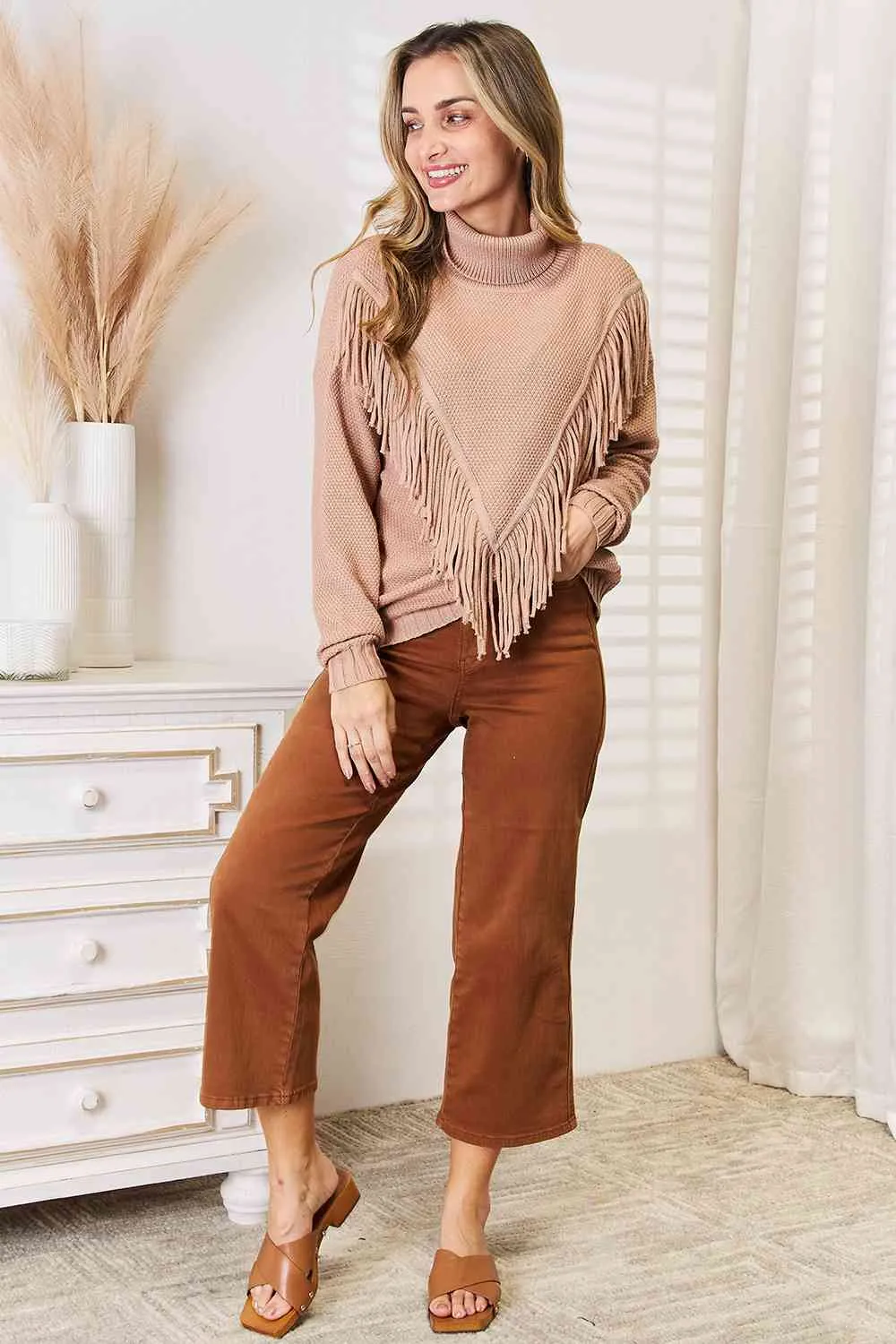 TEEK - Turtleneck Fringe Front Long Sleeve Sweater