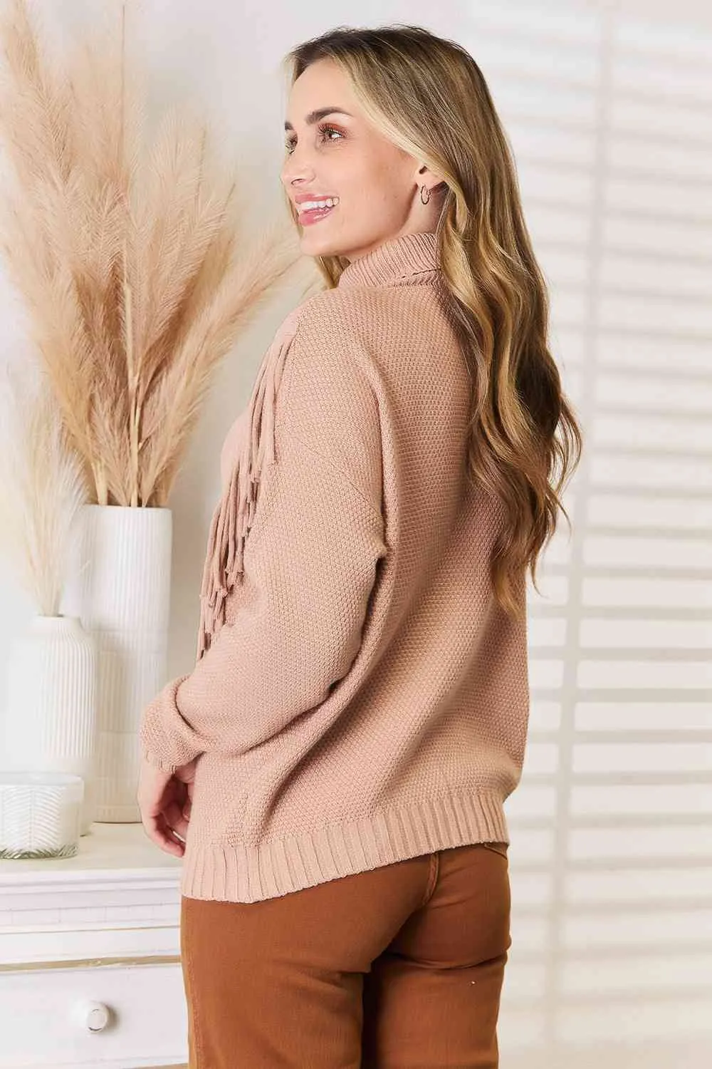 TEEK - Turtleneck Fringe Front Long Sleeve Sweater