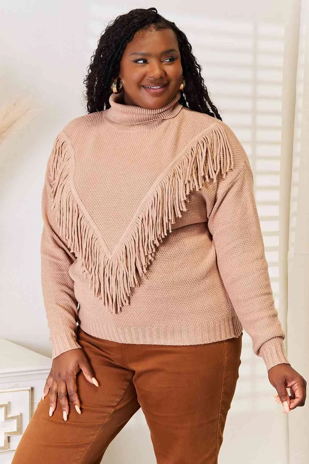 TEEK - Turtleneck Fringe Front Long Sleeve Sweater