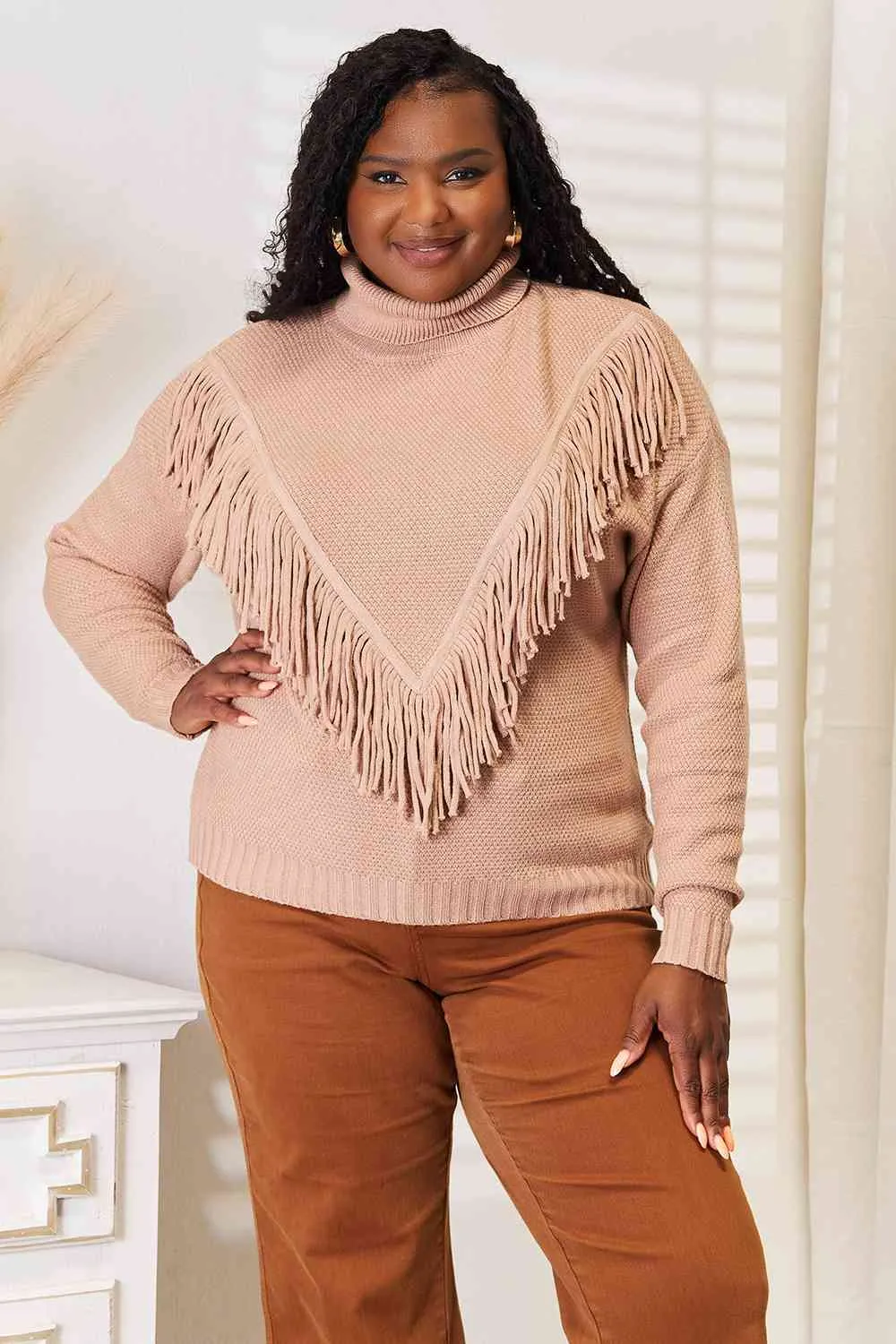 TEEK - Turtleneck Fringe Front Long Sleeve Sweater