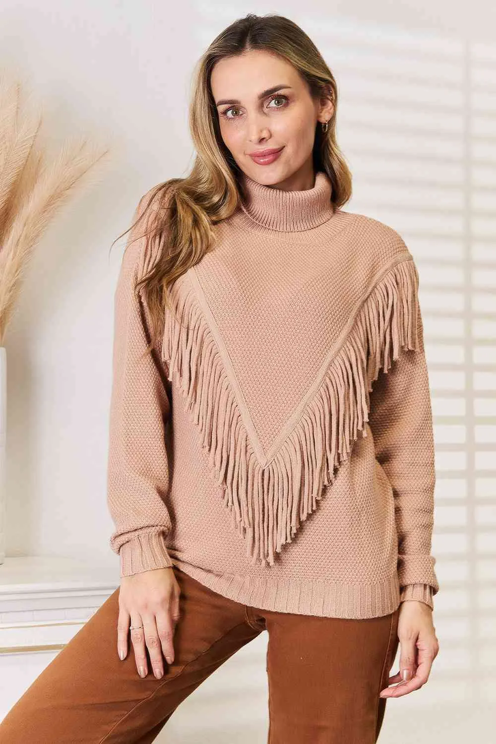 TEEK - Turtleneck Fringe Front Long Sleeve Sweater