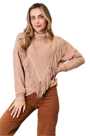 TEEK - Turtleneck Fringe Front Long Sleeve Sweater