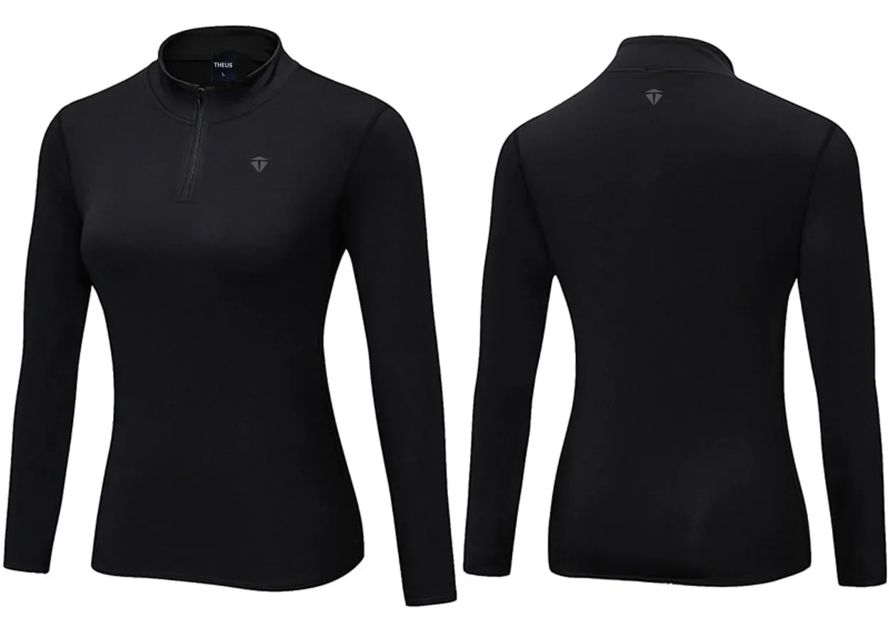 THEUS Sleek Fit Women's 1/4 Zip Long Sleeve Micro Fleece Interior Running Shirt