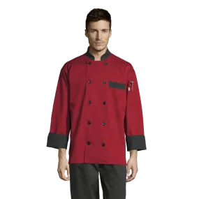 Uncommon Threads Chef Coat Large Red w/ Black Trim Unisex 65/35 Poly/Cotton Twill