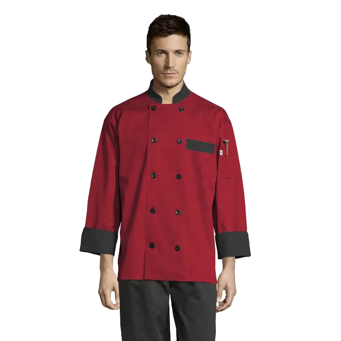 Uncommon Threads Chef Coat Large Red w/ Black Trim Unisex 65/35 Poly/Cotton Twill