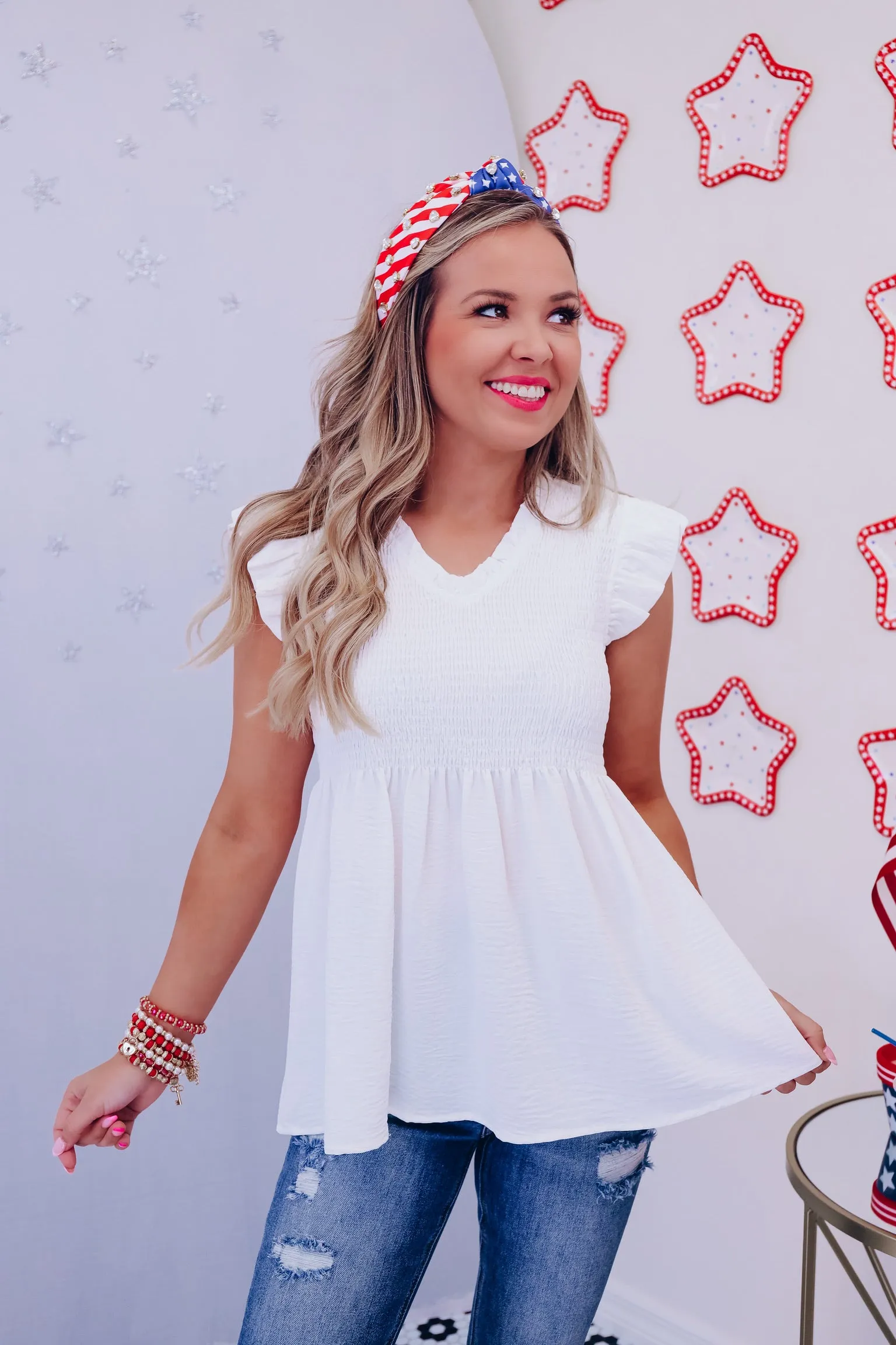 Vacay Time Smocked Babydoll Top - White