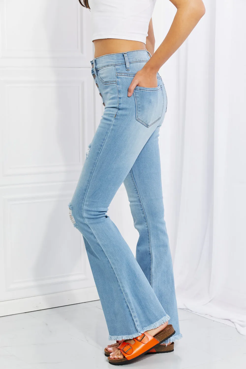 Vibrant MIU Full Size Jess Button Flare Jeans - Ships from The US