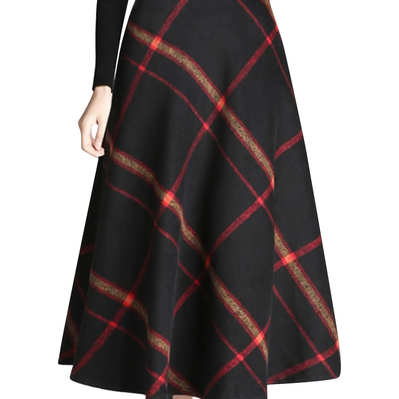 Vibrant Plaid High-Waisted Flared Midi Skirt - Elegant A-Line Silhouette, Comfortable Fall and Winter Essential, Women's Chic Clothing for Everyday Wear - Perfect for Office, Party, and Casual Occasions