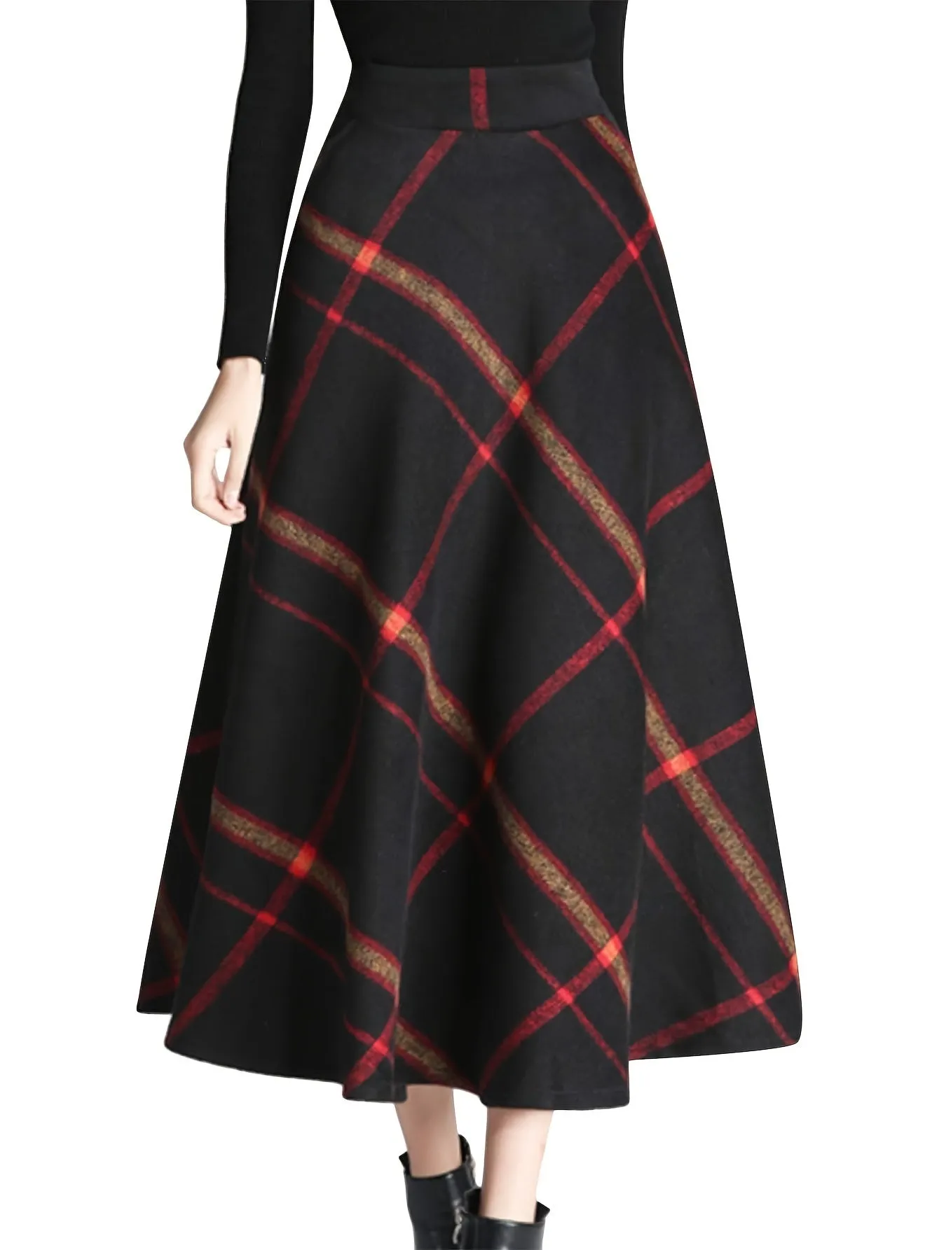 Vibrant Plaid High-Waisted Flared Midi Skirt - Elegant A-Line Silhouette, Comfortable Fall and Winter Essential, Women's Chic Clothing for Everyday Wear - Perfect for Office, Party, and Casual Occasions