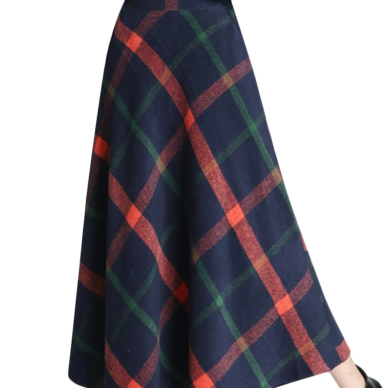 Vibrant Plaid High-Waisted Flared Midi Skirt - Elegant A-Line Silhouette, Comfortable Fall and Winter Essential, Women's Chic Clothing for Everyday Wear - Perfect for Office, Party, and Casual Occasions