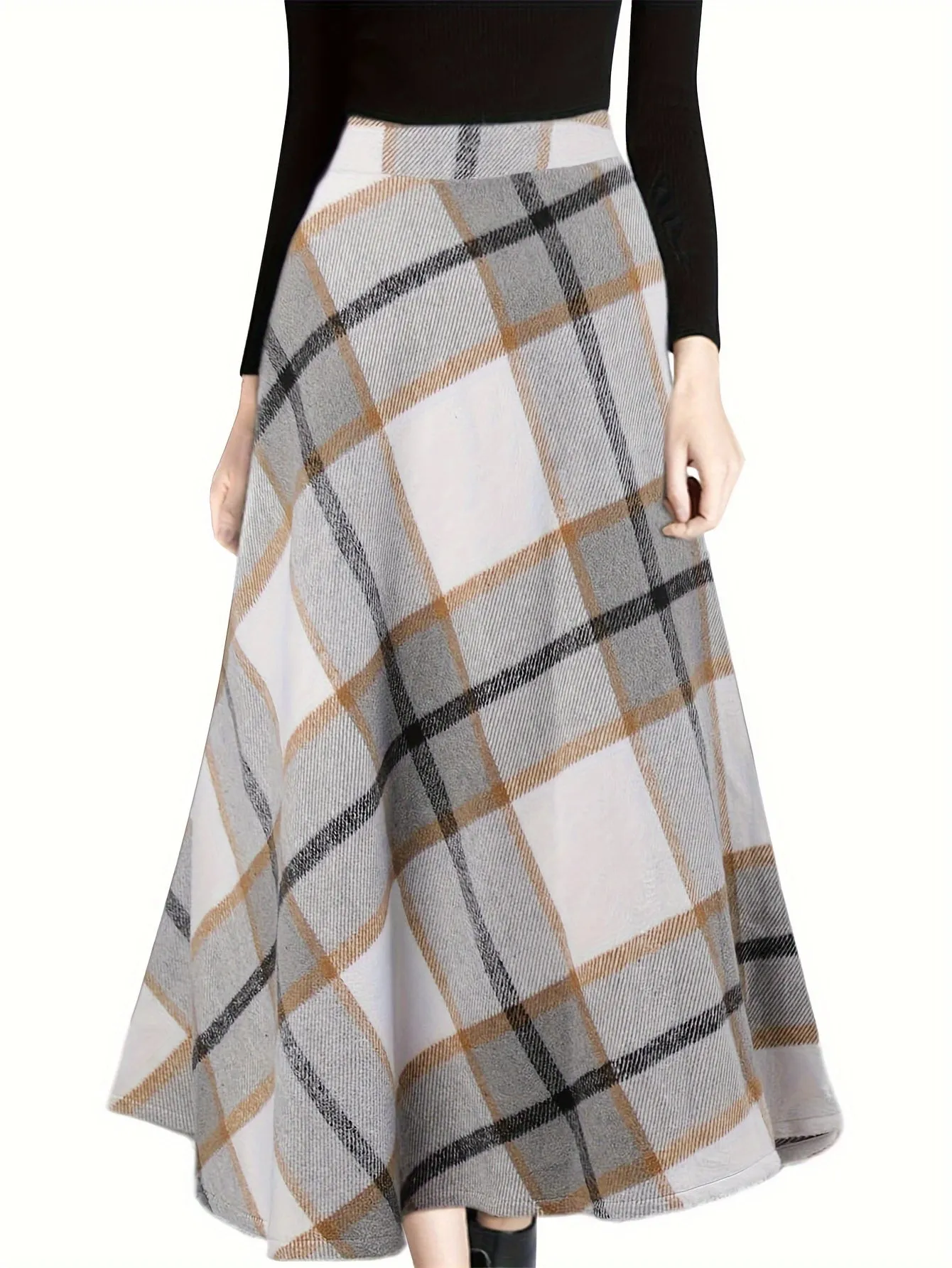 Vibrant Plaid High-Waisted Flared Midi Skirt - Elegant A-Line Silhouette, Comfortable Fall and Winter Essential, Women's Chic Clothing for Everyday Wear - Perfect for Office, Party, and Casual Occasions