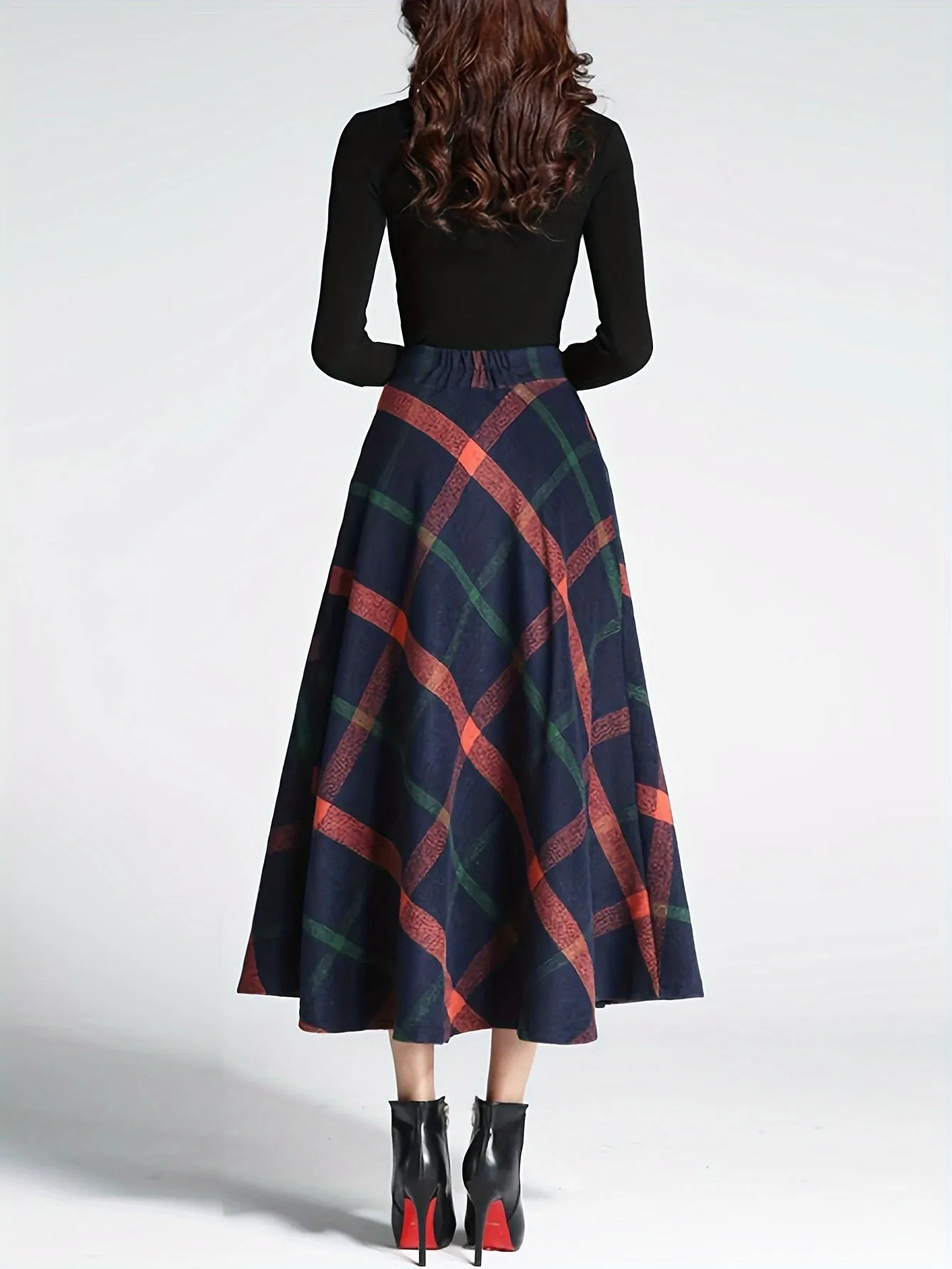 Vibrant Plaid High-Waisted Flared Midi Skirt - Elegant A-Line Silhouette, Comfortable Fall and Winter Essential, Women's Chic Clothing for Everyday Wear - Perfect for Office, Party, and Casual Occasions