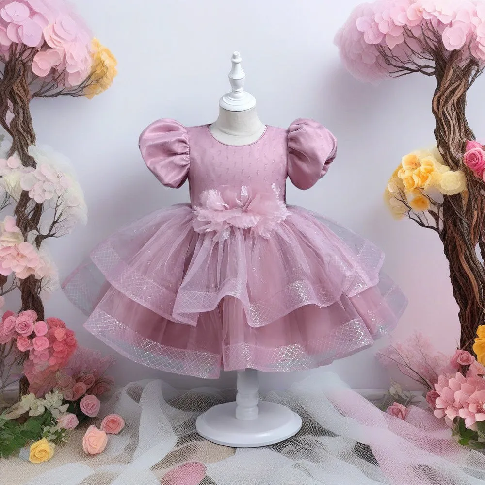 VT007 Yoliyolei Shimmering Trim Cute Party Dresses For Girls Puffy Sleeve Tiered Toddler Holiday Dresses 2024 With Appliques Flower