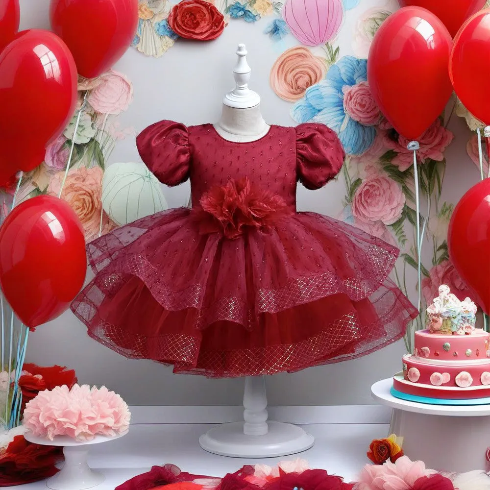 VT007 Yoliyolei Shimmering Trim Cute Party Dresses For Girls Puffy Sleeve Tiered Toddler Holiday Dresses 2024 With Appliques Flower