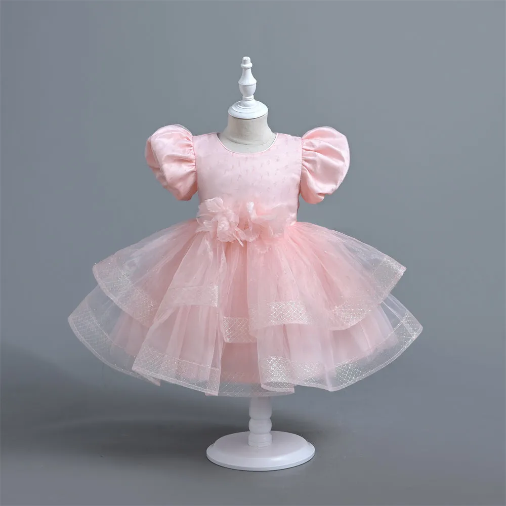 VT007 Yoliyolei Shimmering Trim Cute Party Dresses For Girls Puffy Sleeve Tiered Toddler Holiday Dresses 2024 With Appliques Flower