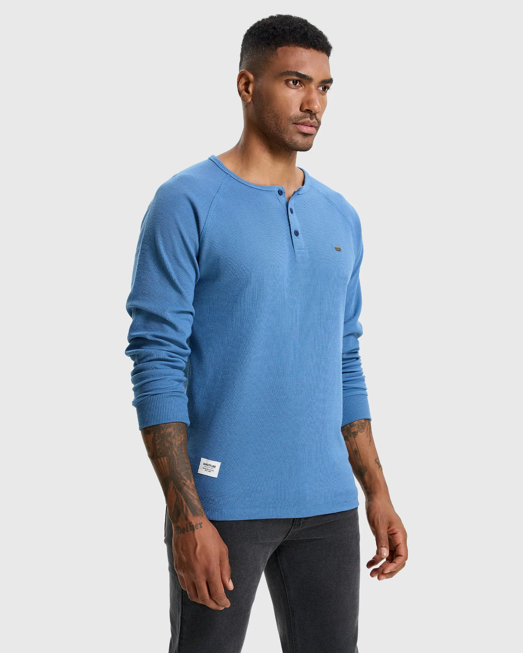 Waffle Henley Long Sleeve T-Shirt New