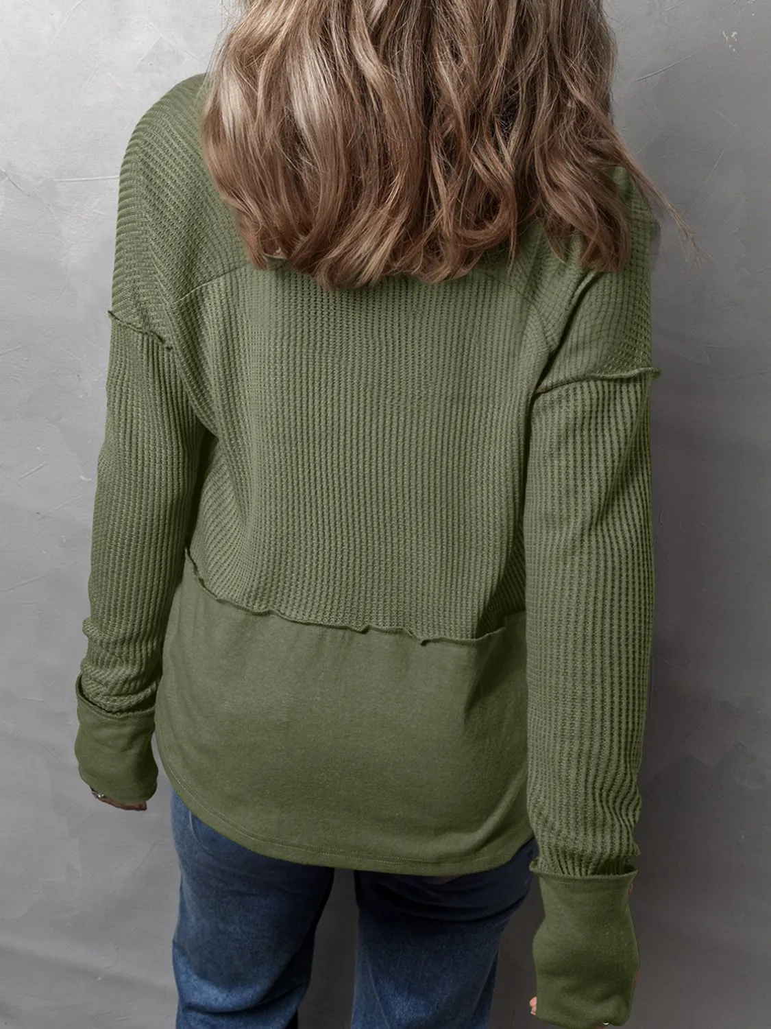 Waffle-Knit Notched Long Sleeve T-Shirt