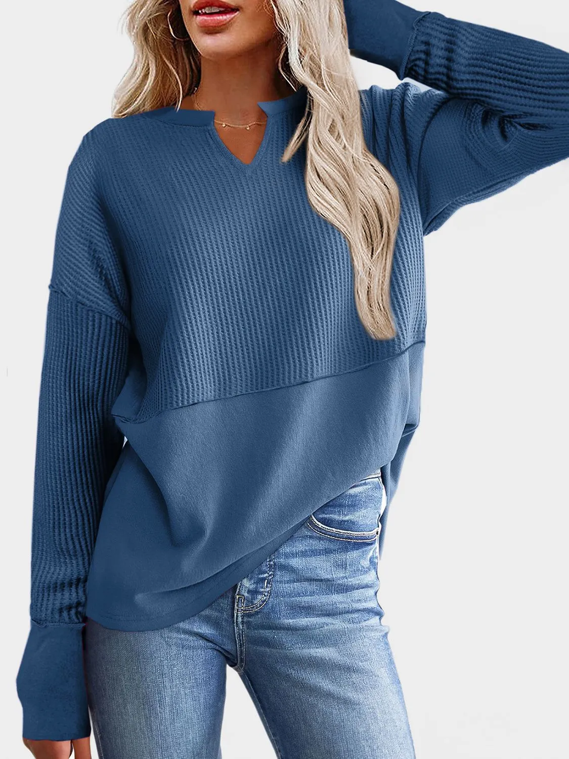 Waffle-Knit Notched Long Sleeve T-Shirt