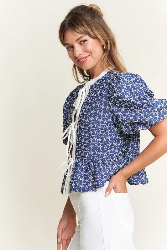 Waitlist 12/20 ♥ Jessie Short Sleeve Bow Tie Embroidered Denim Babydoll Top Blue