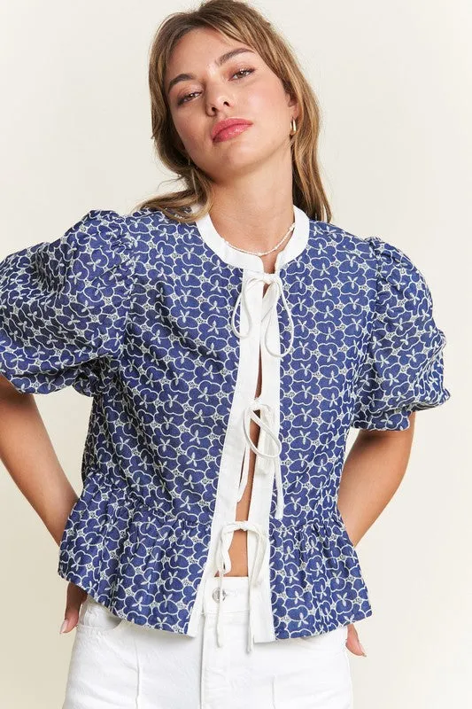 Waitlist 12/20 ♥ Jessie Short Sleeve Bow Tie Embroidered Denim Babydoll Top Blue