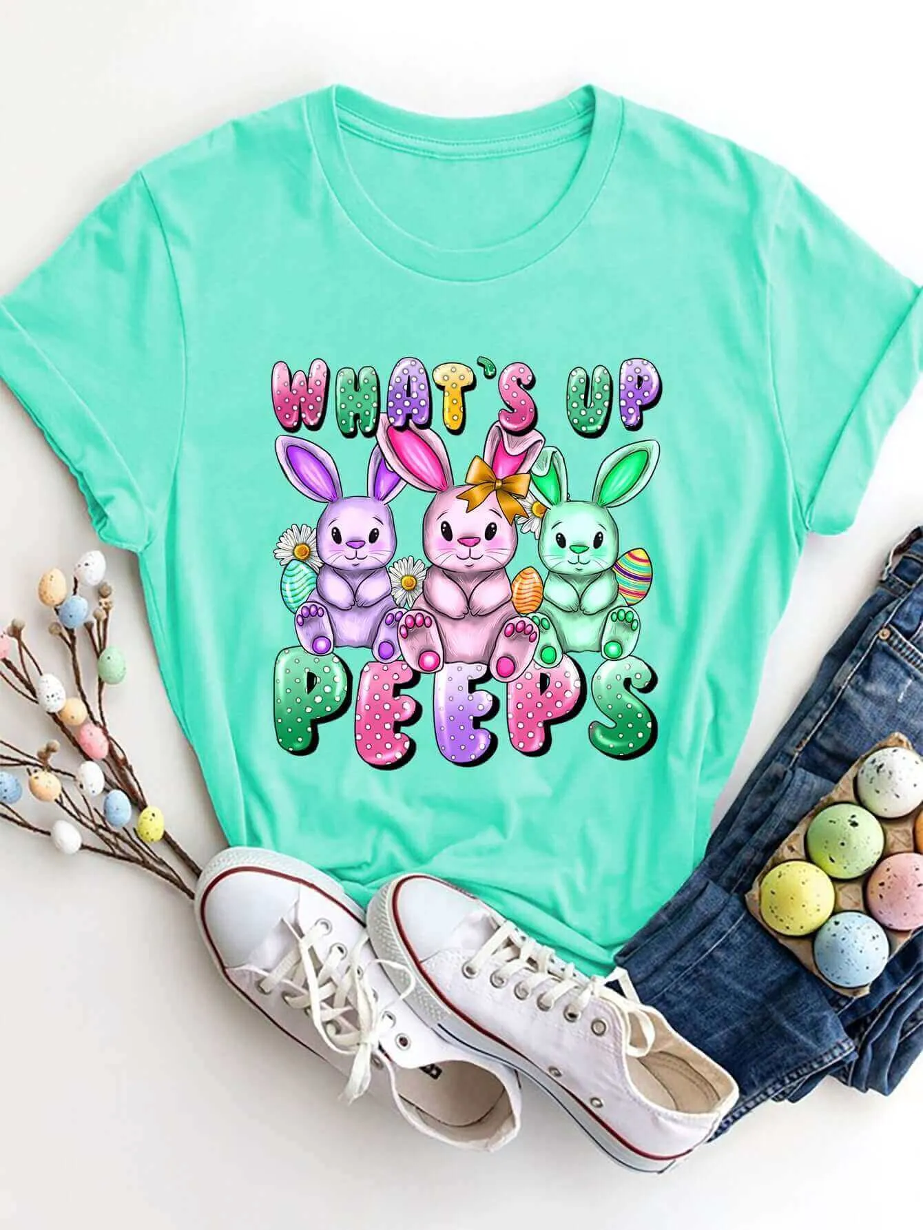 What's Up Peeps Graphic Round Neck Short Sleeve T-Shirt