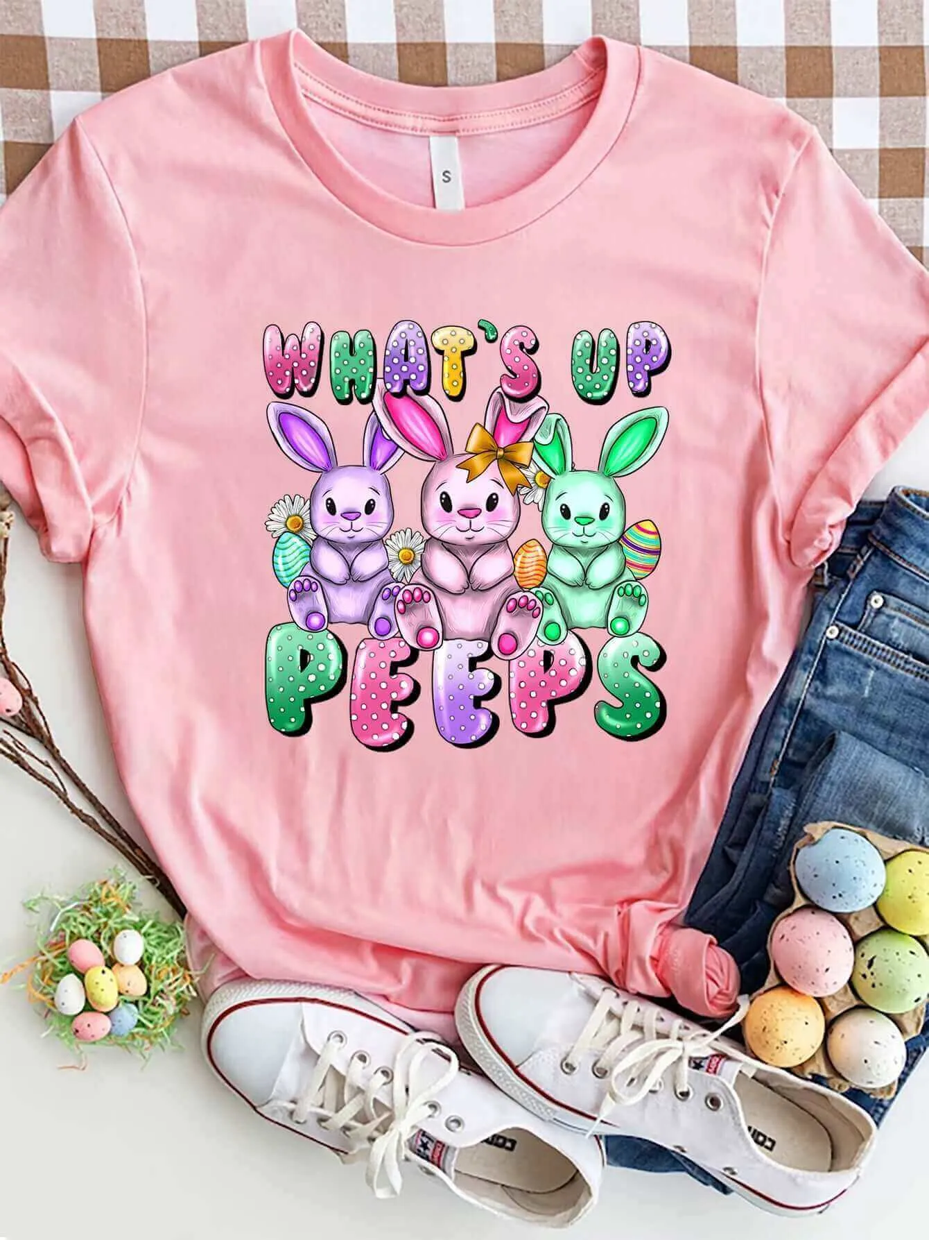 What's Up Peeps Graphic Round Neck Short Sleeve T-Shirt